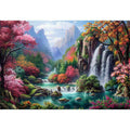Fantasy waterfall garden canvas art with flowers and mountains for living room decor.