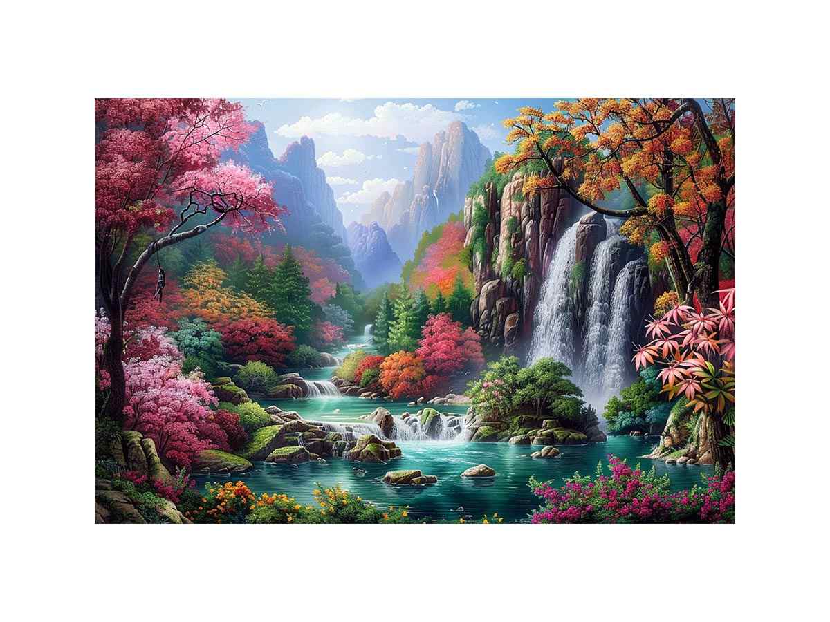 Fantasy waterfall garden canvas art with flowers and mountains for living room decor.