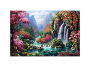 Fantasy waterfall garden canvas art with flowers and mountains for living room decor.