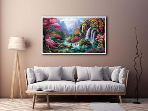 Fantasy waterfall garden canvas art with flowers and mountains for living room decor.