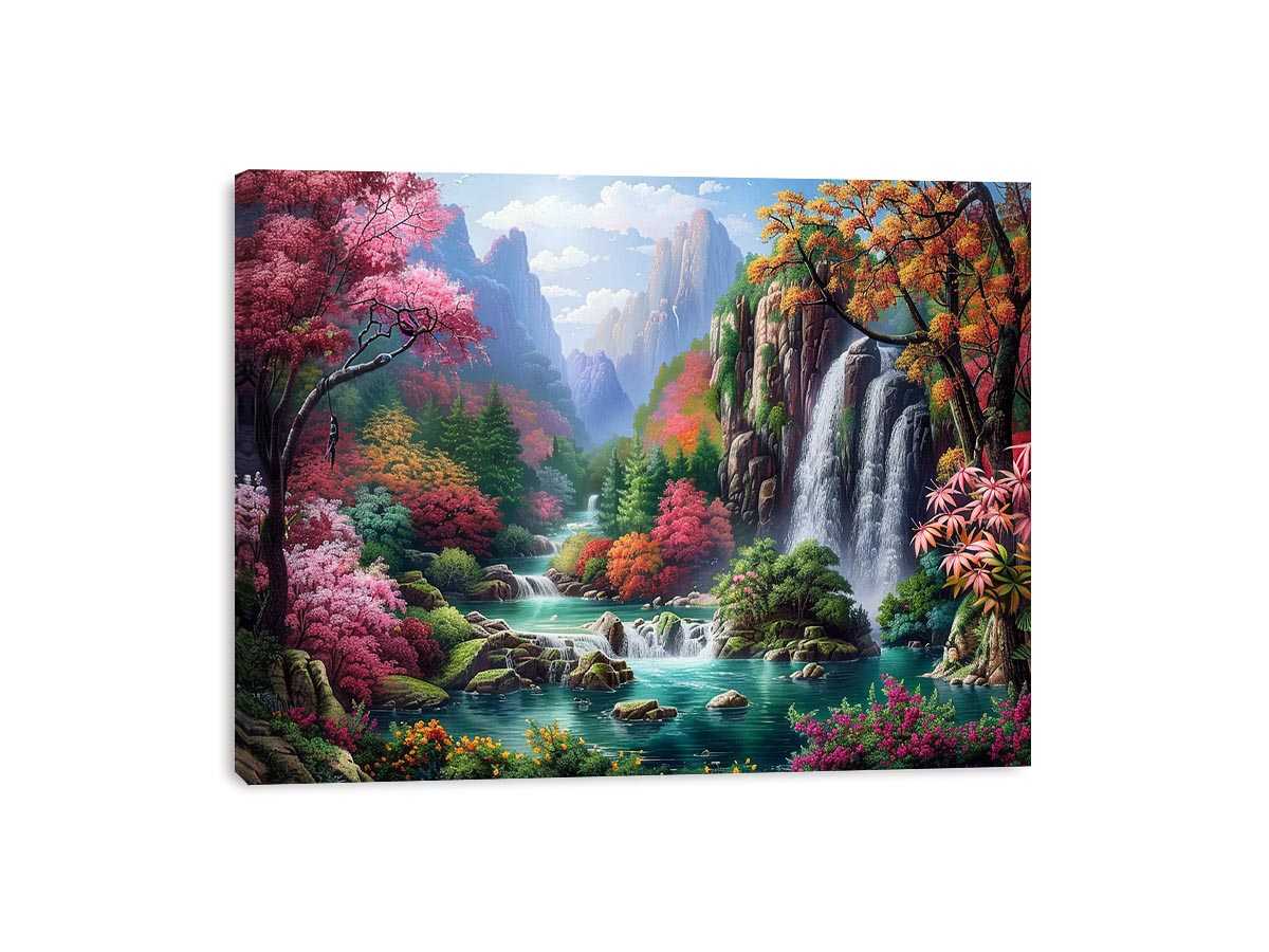 Fantasy waterfall garden canvas art with flowers and mountains for living room decor.