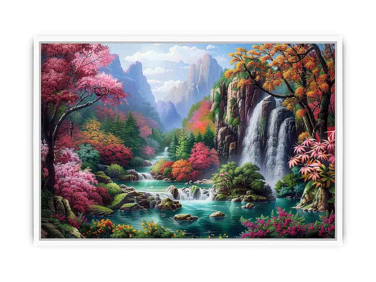 Fantasy waterfall garden canvas art with flowers and mountains for living room decor.