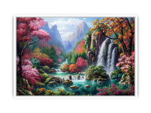 Fantasy waterfall garden canvas art with flowers and mountains for living room decor.