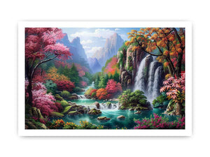 Fantasy waterfall garden canvas art with flowers and mountains for living room decor.