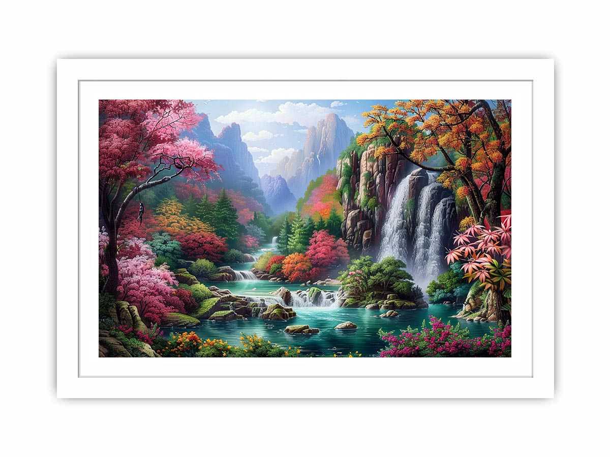 Fantasy waterfall garden canvas art with flowers and mountains for living room decor.