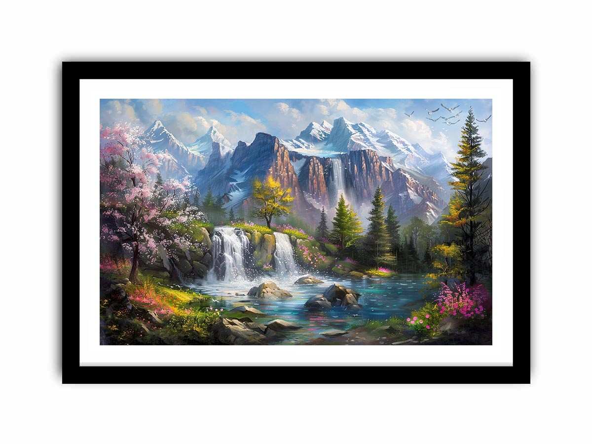 Mountain waterfall lake canvas art with spring trees for modern living room decor.