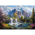 Mountain waterfall lake canvas art with spring trees for modern living room decor.