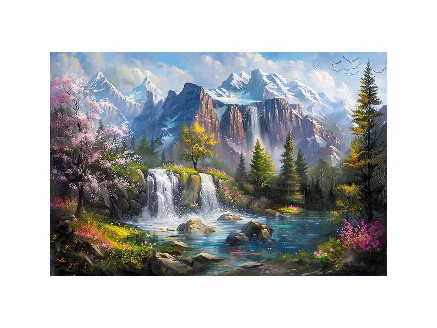 Mountain waterfall lake canvas art with spring trees for modern living room decor.