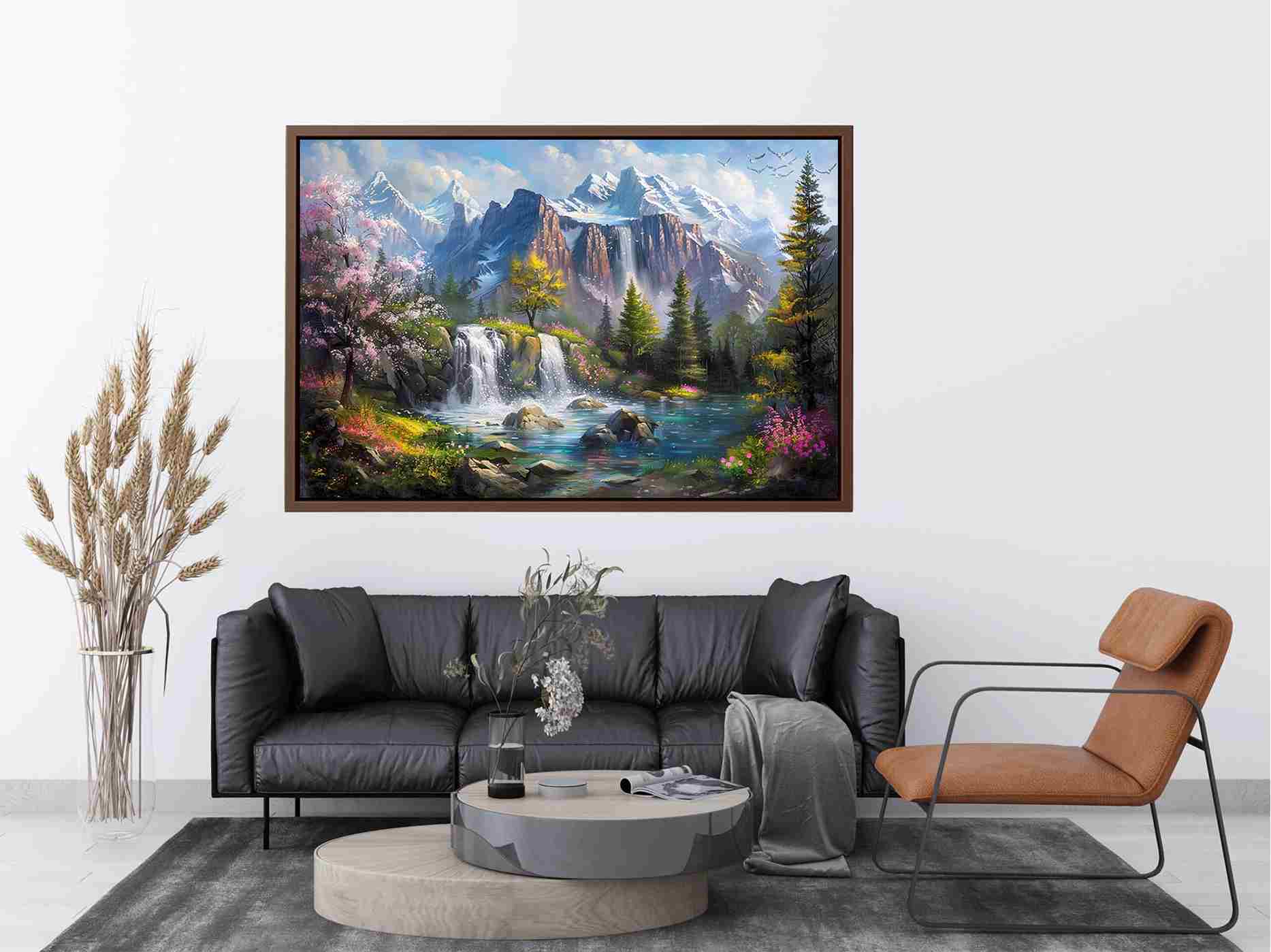 Mountain waterfall lake canvas art with spring trees for modern living room decor.