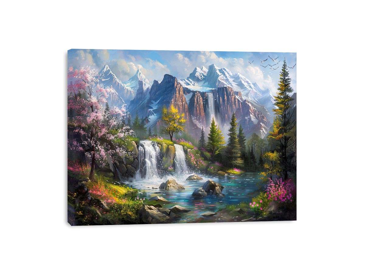 Mountain waterfall lake canvas art with spring trees for modern living room decor.