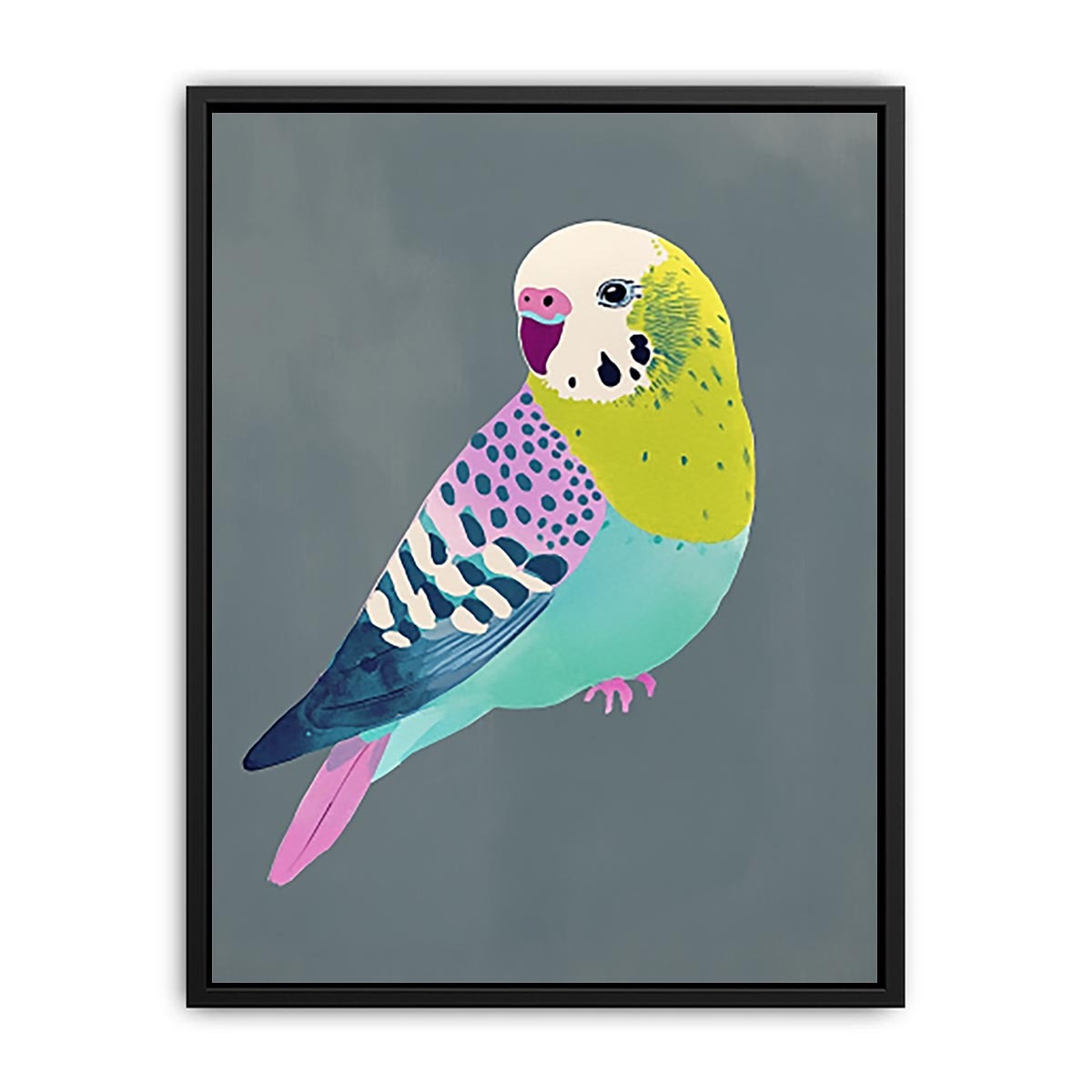 Colorful budgie bird illustration wall art for kids room or playful home decor.