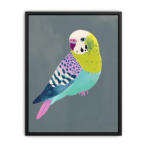 Colorful budgie bird illustration wall art for kids room or playful home decor.