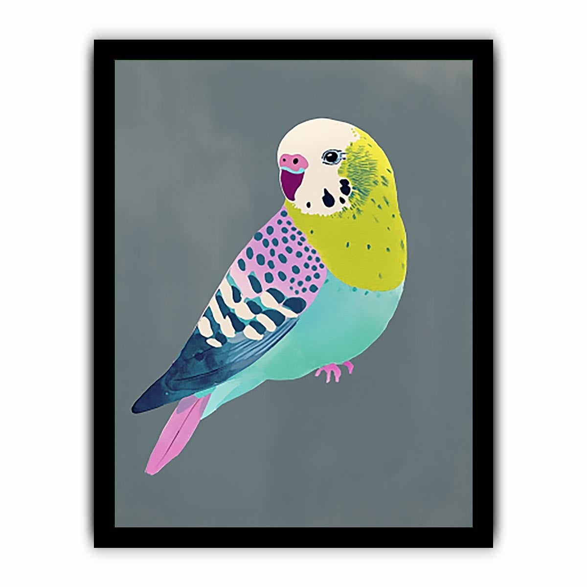 Colorful budgie bird illustration wall art for kids room or playful home decor.