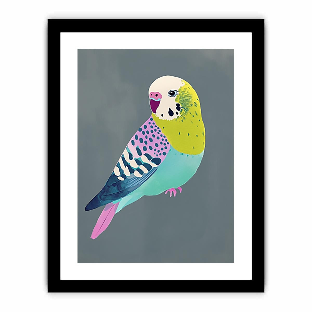 Colorful budgie bird illustration wall art for kids room or playful home decor.