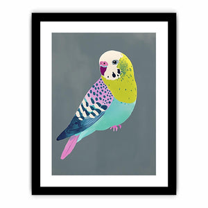 Colorful budgie bird illustration wall art for kids room or playful home decor.