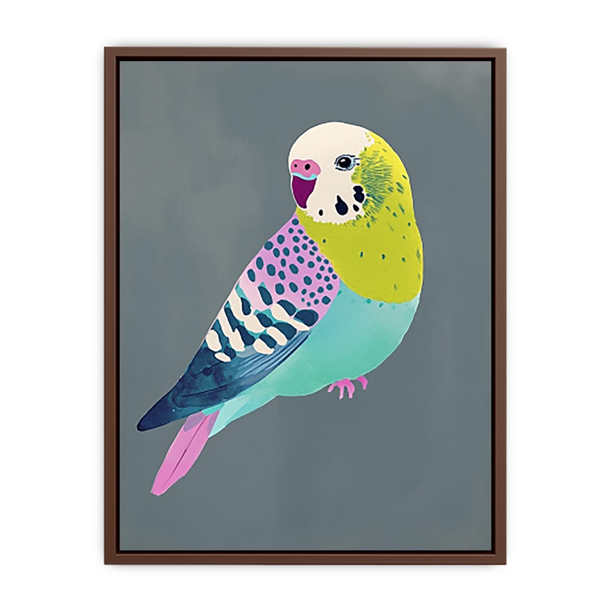 Colorful budgie bird illustration wall art for kids room or playful home decor.