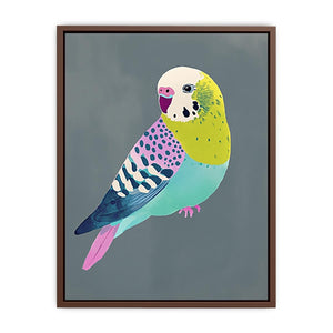 Colorful budgie bird illustration wall art for kids room or playful home decor.
