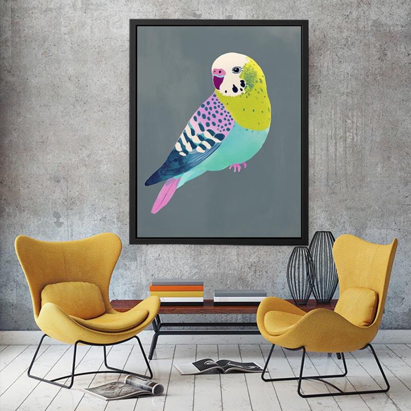 Colorful budgie bird illustration wall art for kids room or playful home decor.
