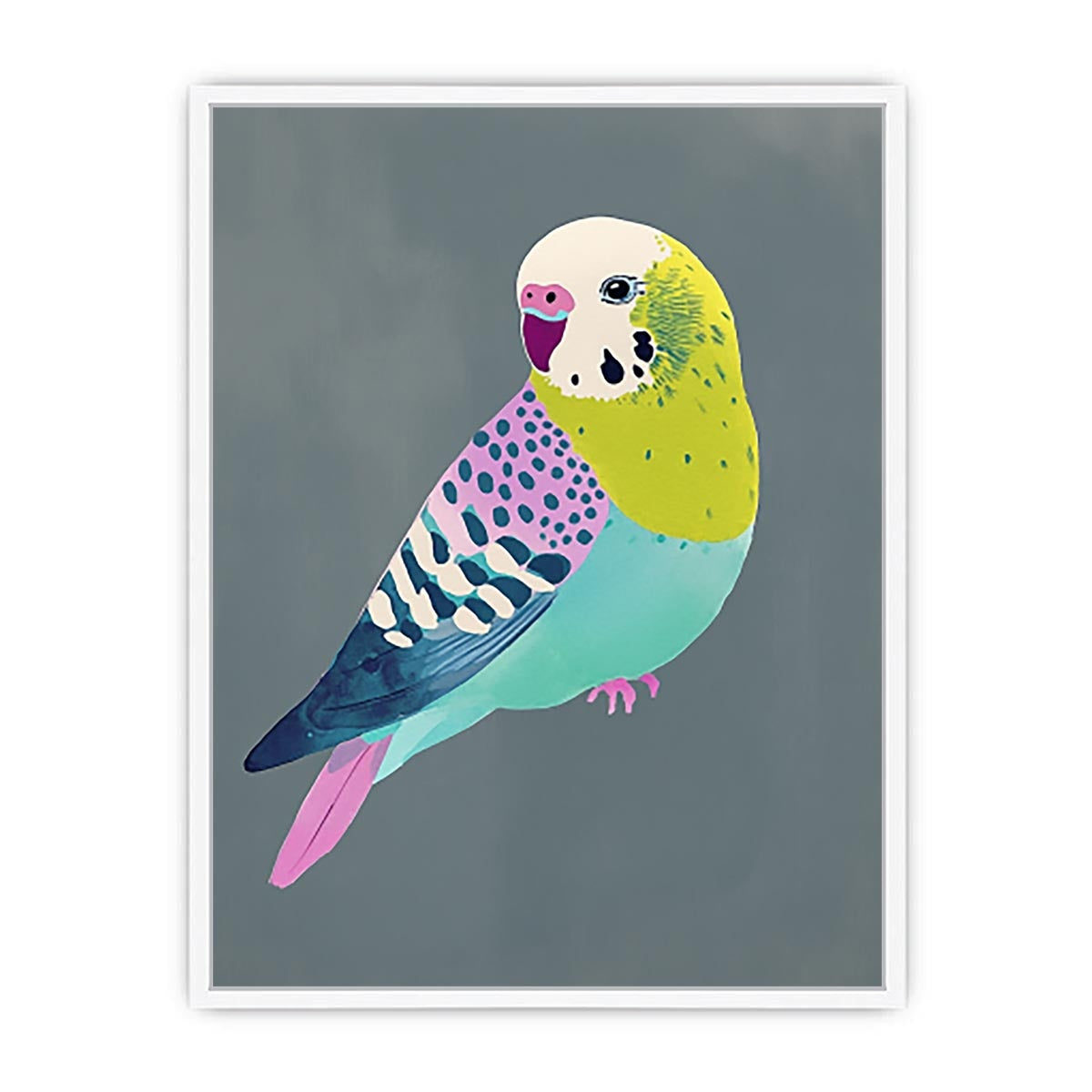 Colorful budgie bird illustration wall art for kids room or playful home decor.