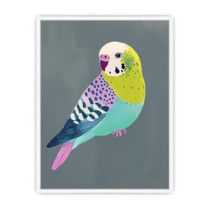 Colorful budgie bird illustration wall art for kids room or playful home decor.