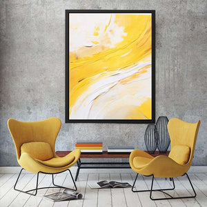 Yellow and white abstract canvas art for bright modern living room decor.