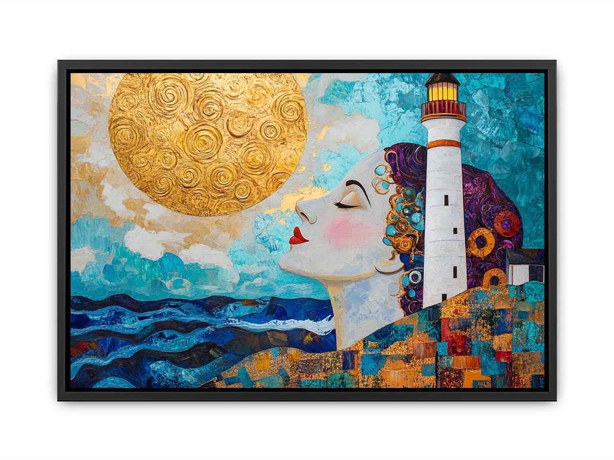 Surreal coastal lighthouse canvas art with woman portrait and gold sun for modern living room decor.