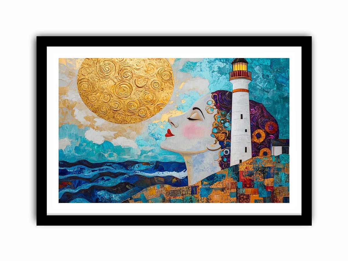 Surreal coastal lighthouse canvas art with woman portrait and gold sun for modern living room decor.