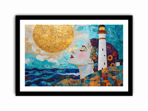 Surreal coastal lighthouse canvas art with woman portrait and gold sun for modern living room decor.