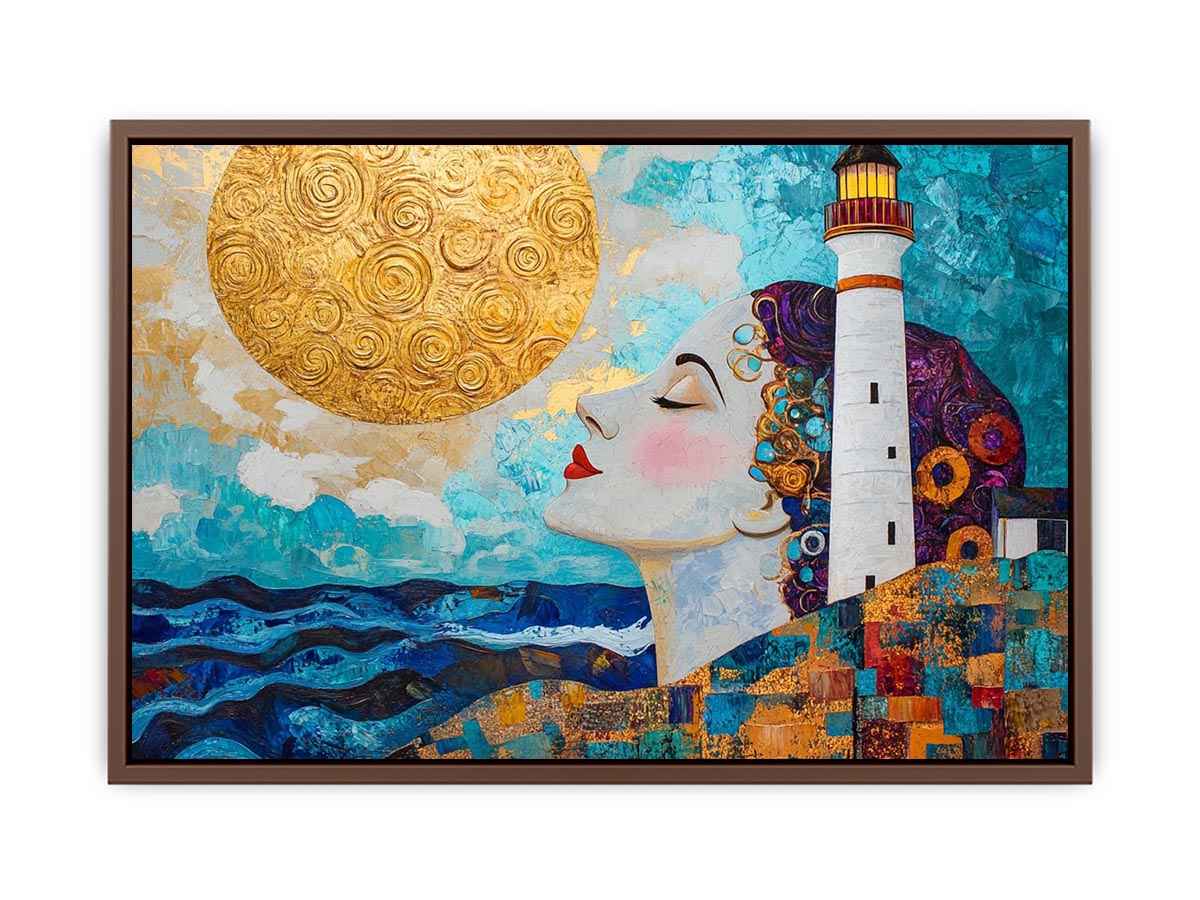 Surreal coastal lighthouse canvas art with woman portrait and gold sun for modern living room decor.