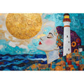 Surreal coastal lighthouse canvas art with woman portrait and gold sun for modern living room decor.