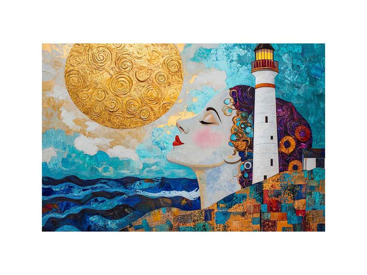 Surreal coastal lighthouse canvas art with woman portrait and gold sun for modern living room decor.