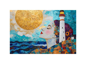Surreal coastal lighthouse canvas art with woman portrait and gold sun for modern living room decor.