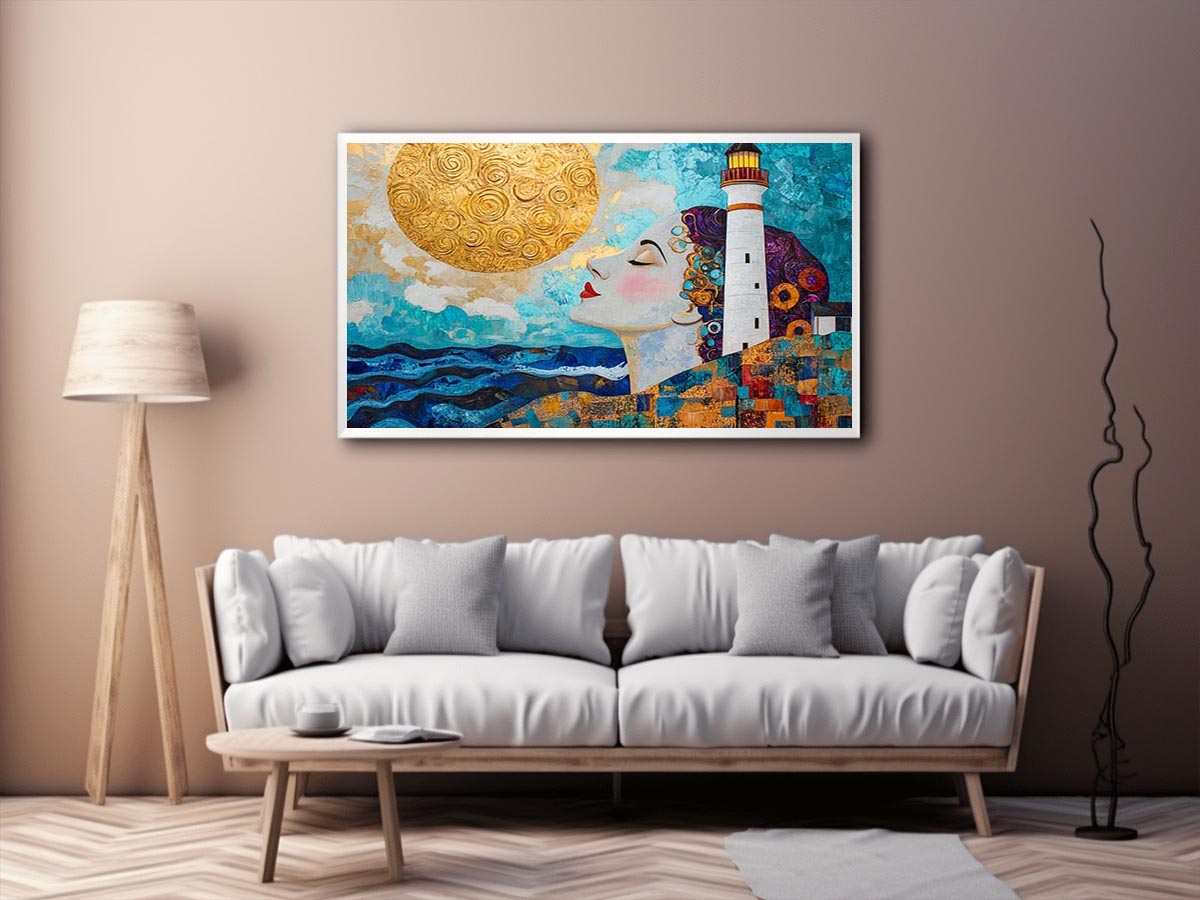 Surreal coastal lighthouse canvas art with woman portrait and gold sun for modern living room decor.