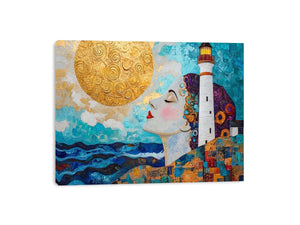 Surreal coastal lighthouse canvas art with woman portrait and gold sun for modern living room decor.
