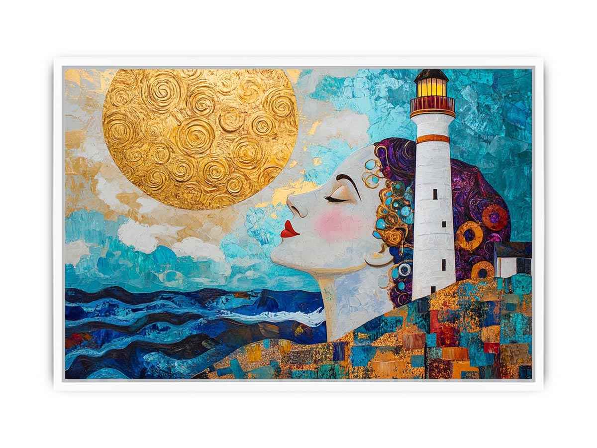 Surreal coastal lighthouse canvas art with woman portrait and gold sun for modern living room decor.