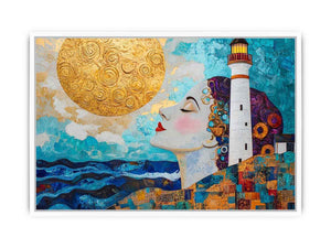 Surreal coastal lighthouse canvas art with woman portrait and gold sun for modern living room decor.