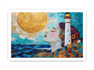Surreal coastal lighthouse canvas art with woman portrait and gold sun for modern living room decor.