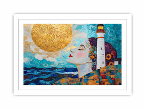 Surreal coastal lighthouse canvas art with woman portrait and gold sun for modern living room decor.