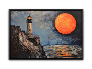 Coastal lighthouse canvas art with orange moon, ocean, and rocky cliffs for modern living room decor.