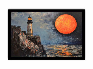 Coastal lighthouse canvas art with orange moon, ocean, and rocky cliffs for modern living room decor.