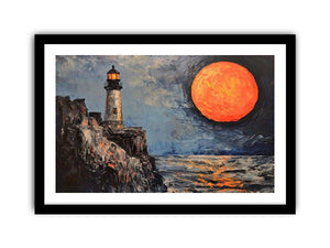 Coastal lighthouse canvas art with orange moon, ocean, and rocky cliffs for modern living room decor.