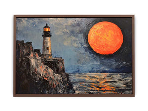 Coastal lighthouse canvas art with orange moon, ocean, and rocky cliffs for modern living room decor.