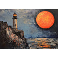 Coastal lighthouse canvas art with orange moon, ocean, and rocky cliffs for modern living room decor.