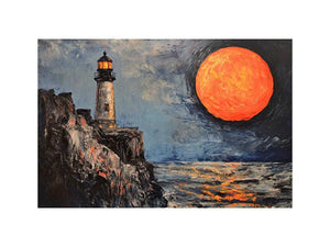 Coastal lighthouse canvas art with orange moon, ocean, and rocky cliffs for modern living room decor.