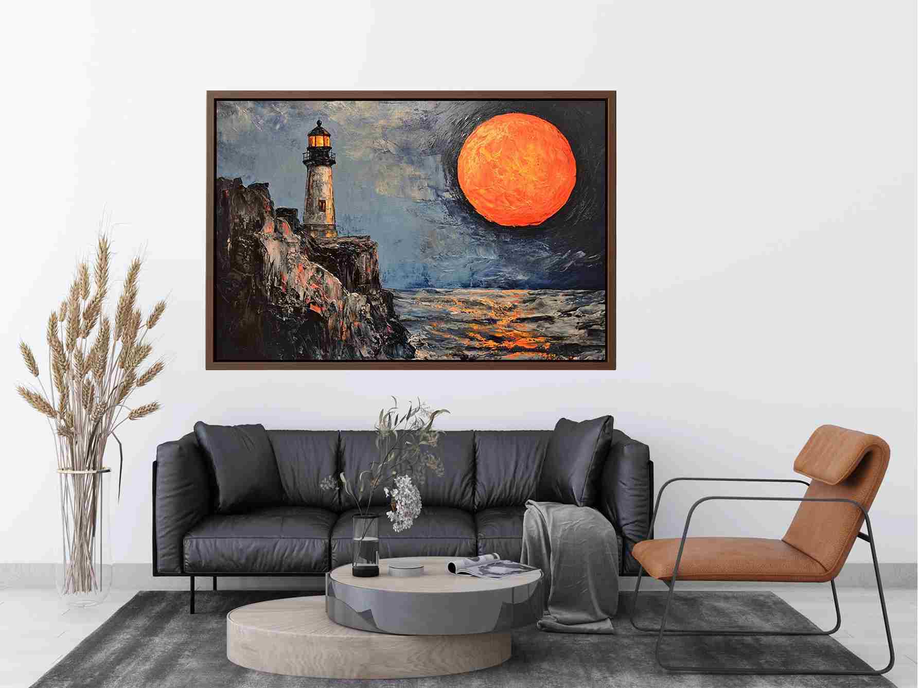 Coastal lighthouse canvas art with orange moon, ocean, and rocky cliffs for modern living room decor.