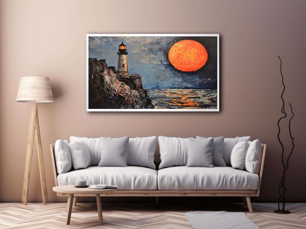 Coastal lighthouse canvas art with orange moon, ocean, and rocky cliffs for modern living room decor.