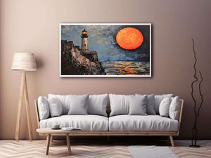 Coastal lighthouse canvas art with orange moon, ocean, and rocky cliffs for modern living room decor.