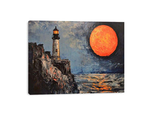 Coastal lighthouse canvas art with orange moon, ocean, and rocky cliffs for modern living room decor.