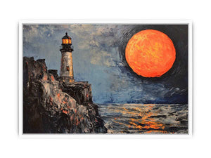 Coastal lighthouse canvas art with orange moon, ocean, and rocky cliffs for modern living room decor.