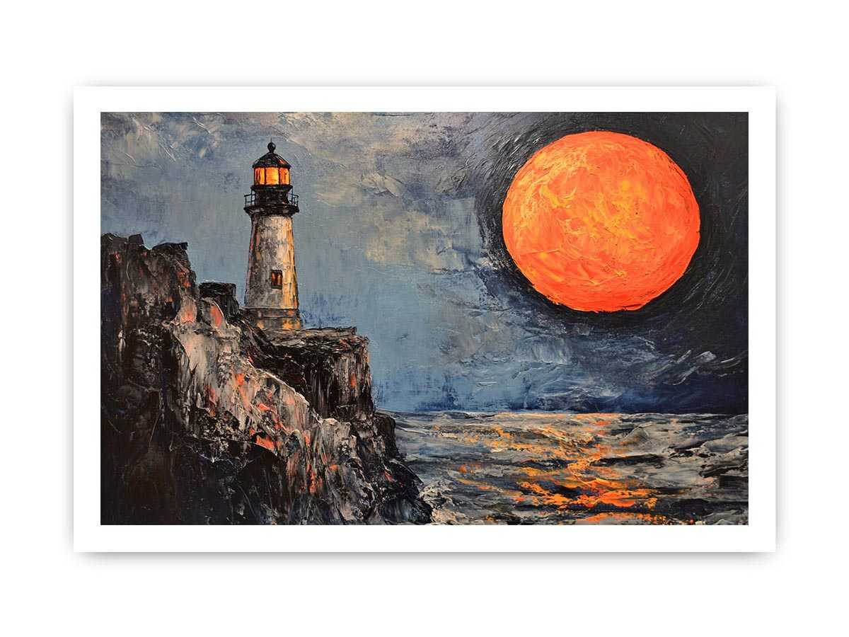 Coastal lighthouse canvas art with orange moon, ocean, and rocky cliffs for modern living room decor.